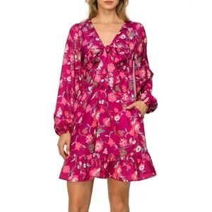 Melloday V-NECK LONG SLEEVE DRESS IN MAGENTA PRINT Women’s Size XS